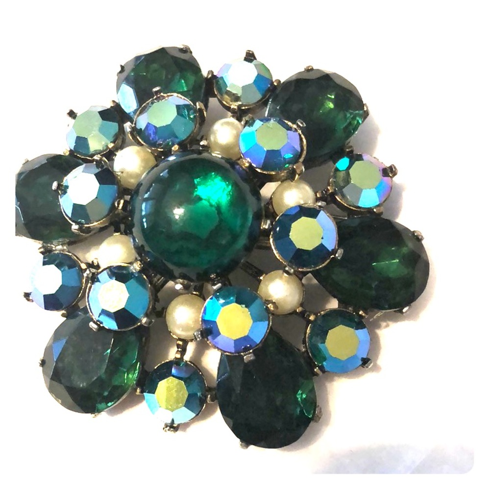 Vintage Green Rhinestone/Pearl POMERANTZ Brooch